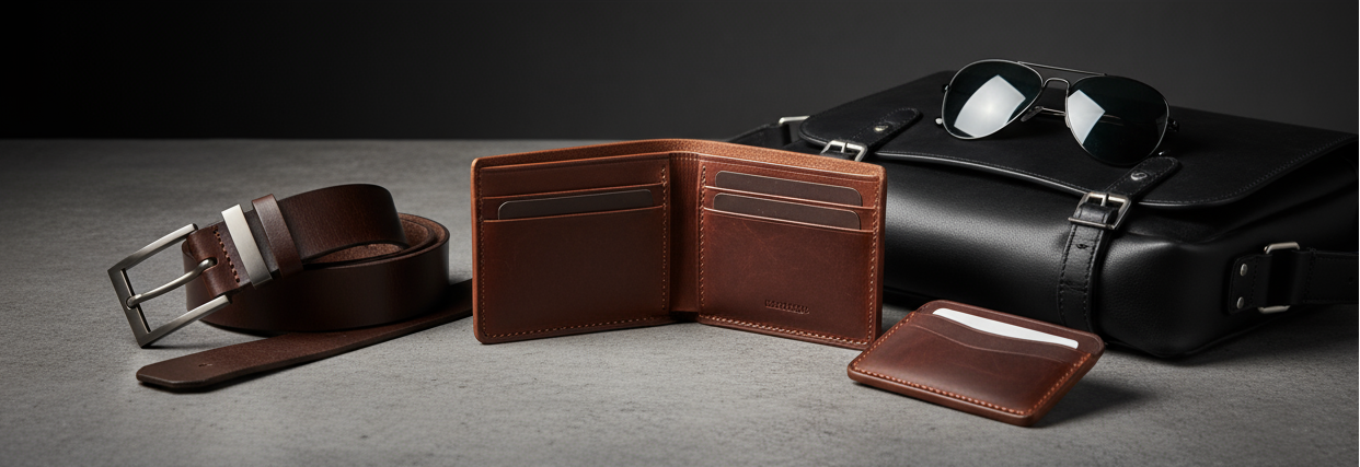 Create a high-quality banner for a men’s accessories brand called “Veltrix.” The design should feel masculine, modern, and sophisticated, with a focus on leather goods such as wallets, belts, bags, and sunglasses.

Use a dark elegant color palette — black, deep brown, and charcoal gray — with soft lighting and natural textures like leather grain or matte metal. The overall atmosphere should convey urban confidence and timeless craftsmanship.

The banner should be minimalist, without text or models, suitable